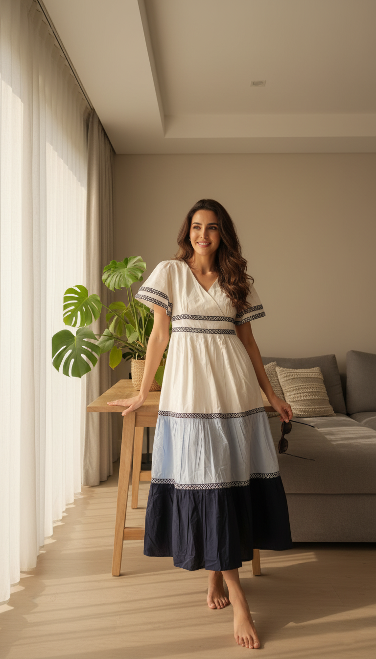 Maeve Blue Horizon Tiered Cotton Maxi Dress with Embroidered Detailing