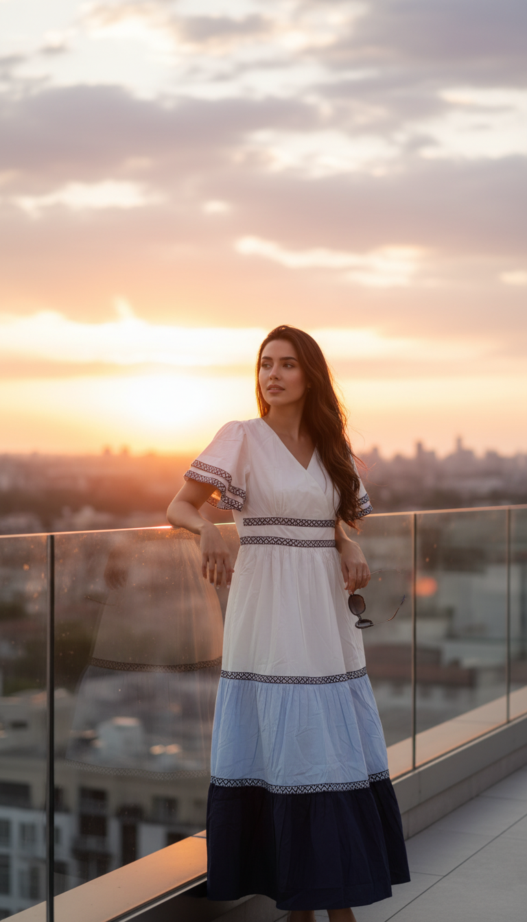 Maeve Blue Horizon Tiered Cotton Maxi Dress with Embroidered Detailing