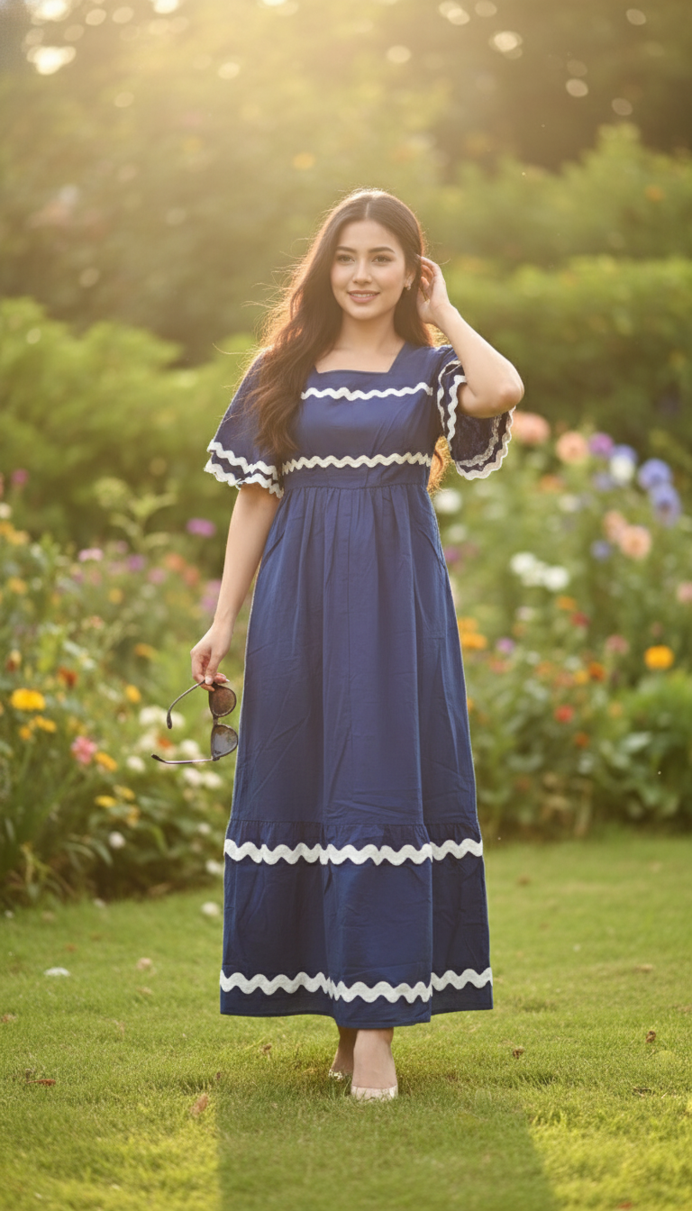 Maeve Azure Wave Square Neck Cotton Maxi Dress – Blue with White Trim