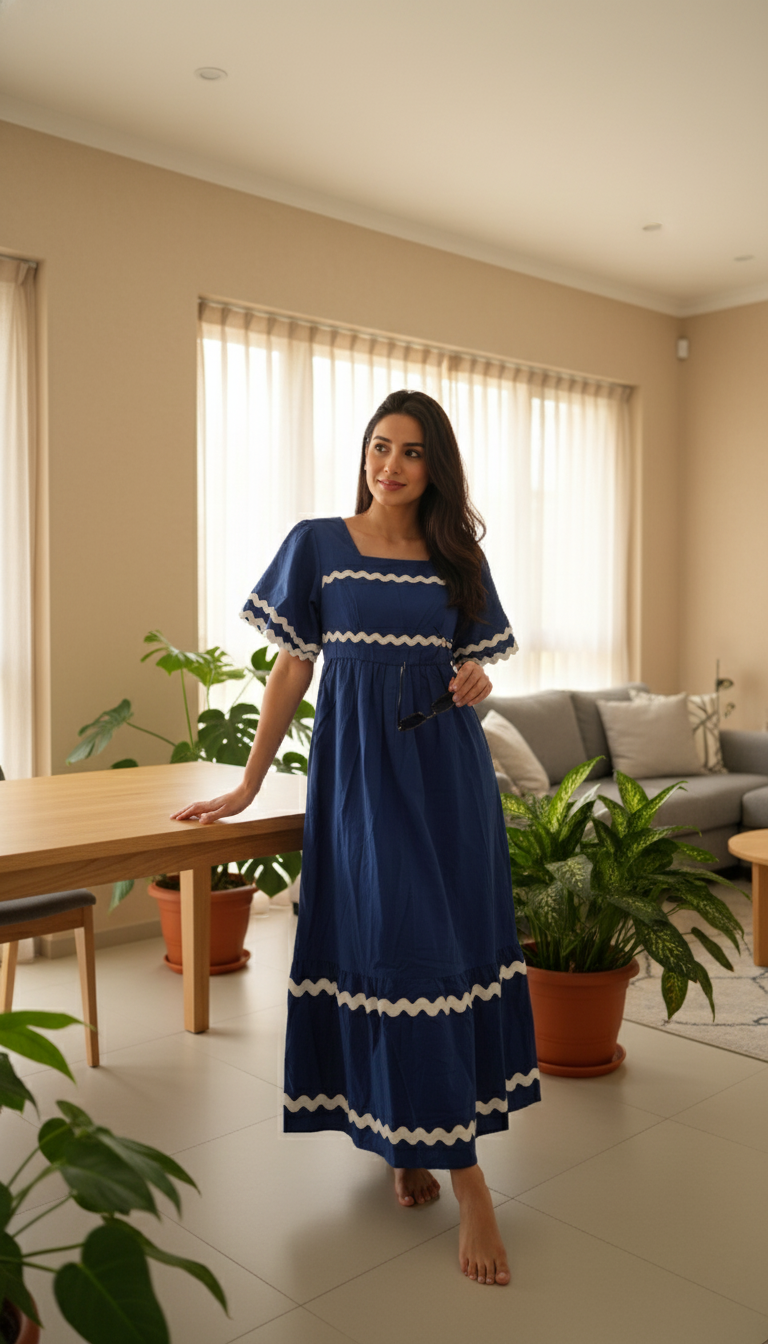 Maeve Azure Wave Square Neck Cotton Maxi Dress – Blue with White Trim