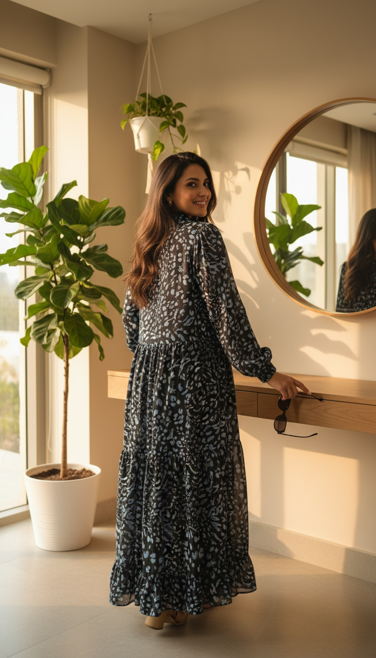 Monsoon Black Diane Long Sleeve Leopard Print Midi Dress