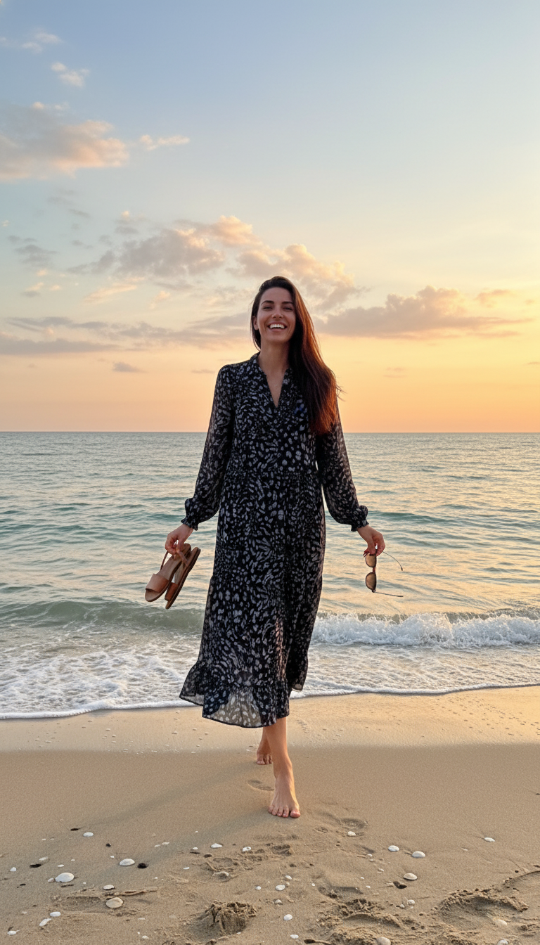 Monsoon Black Diane Long Sleeve Leopard Print Midi Dress