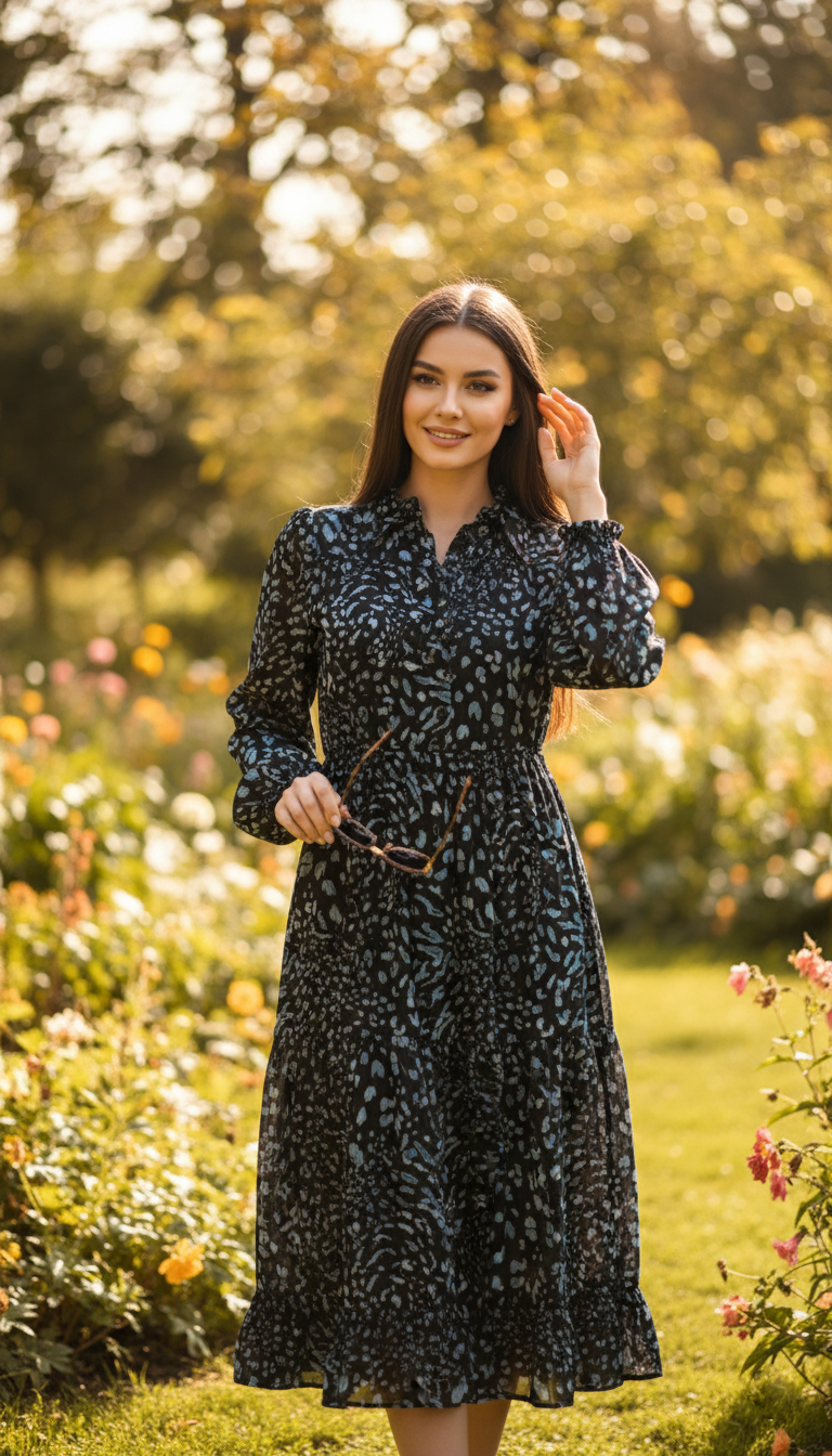 Monsoon Black Diane Long Sleeve Leopard Print Midi Dress