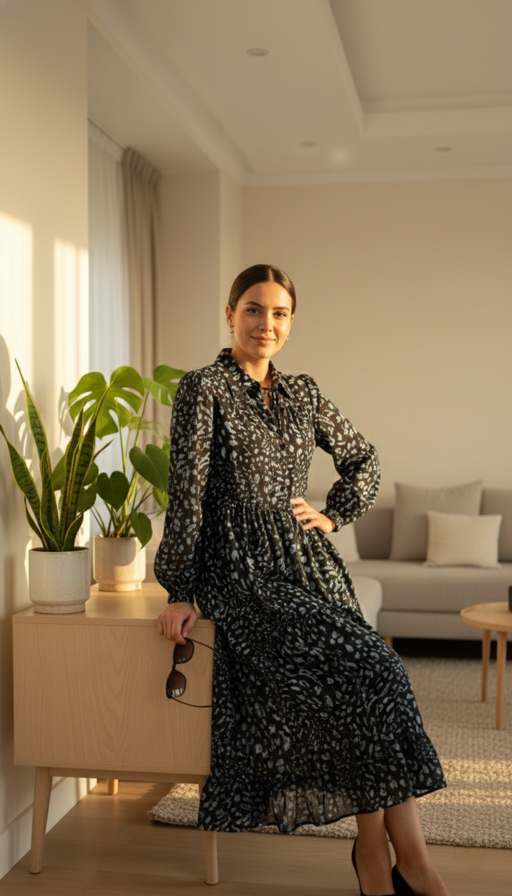 Monsoon Black Diane Long Sleeve Leopard Print Midi Dress