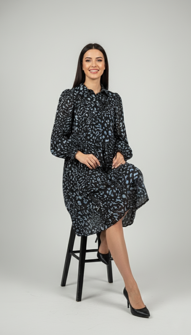 Monsoon Black Diane Long Sleeve Leopard Print Midi Dress