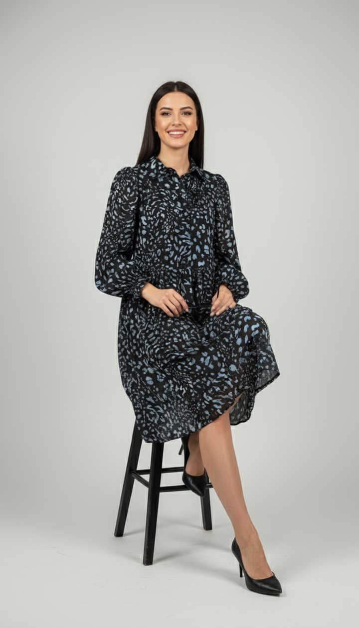 Monsoon Black Diane Long Sleeve Leopard Print Midi Dress