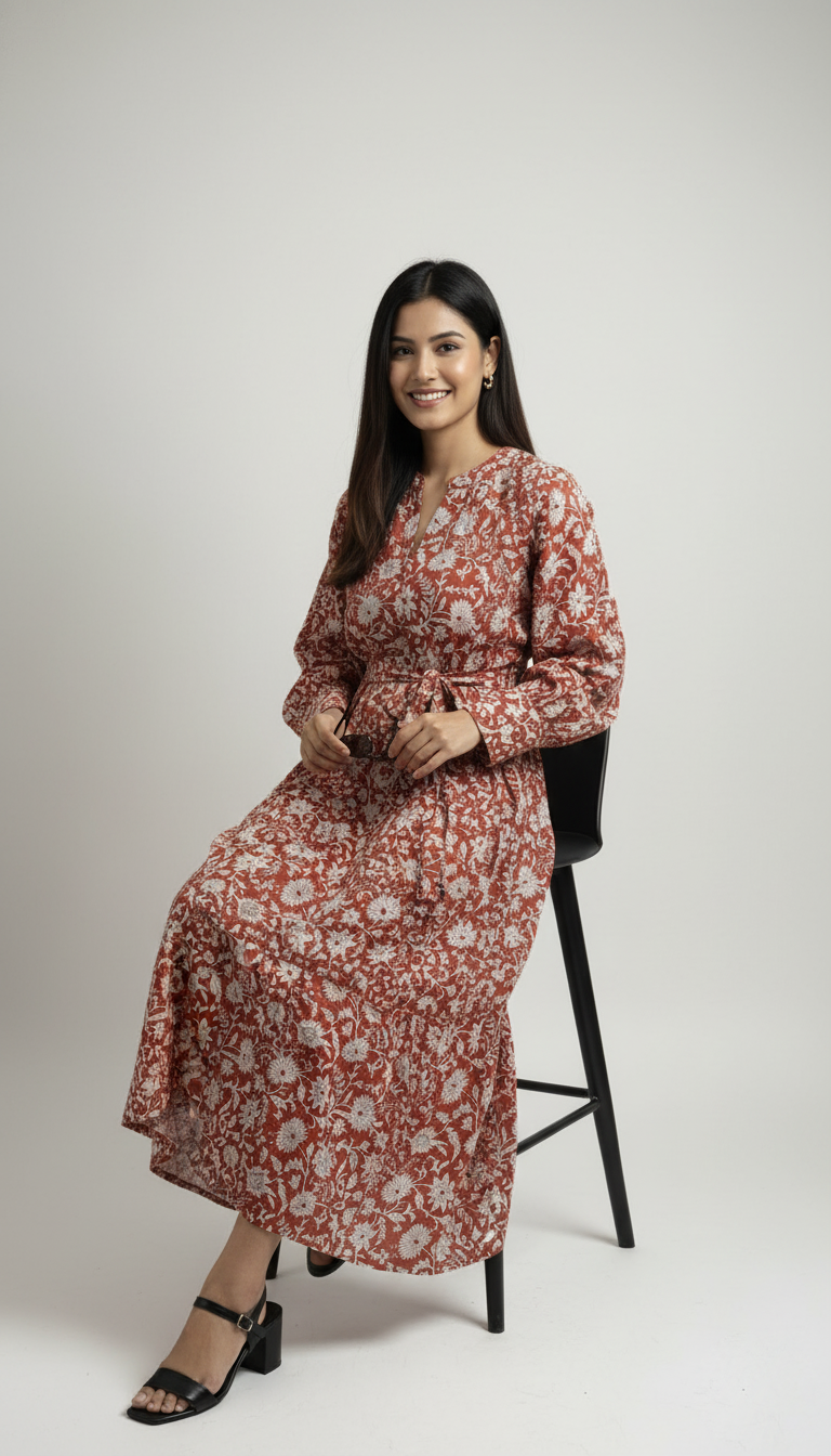 Next Red/White Floral Long Sleeve 100% Cotton Maxi Shirt Dress