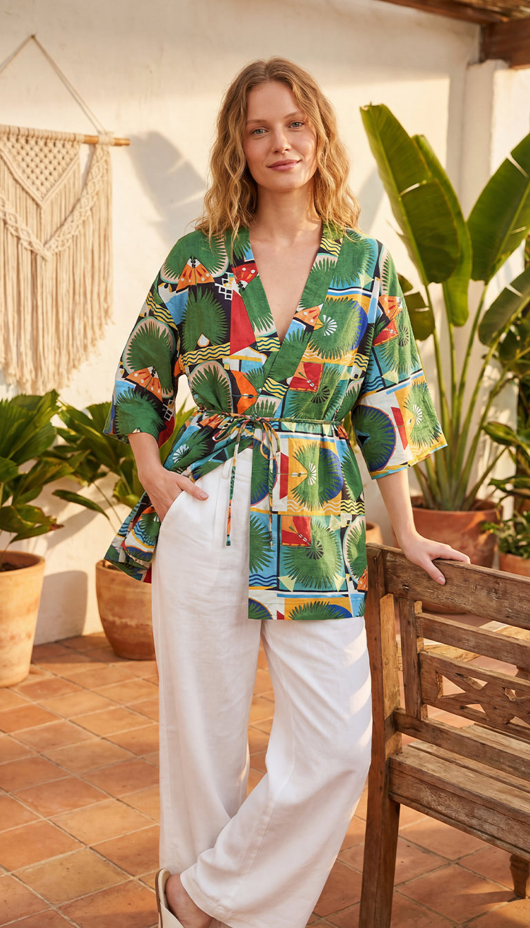 Palm Mosaic Wrap Dress for Women – Tropical Print V-Neck Boho Resort Dress