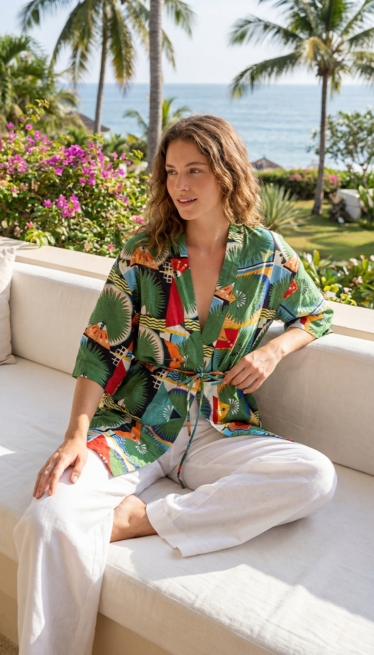 Palm Mosaic Wrap Dress for Women – Tropical Print V-Neck Boho Resort Dress