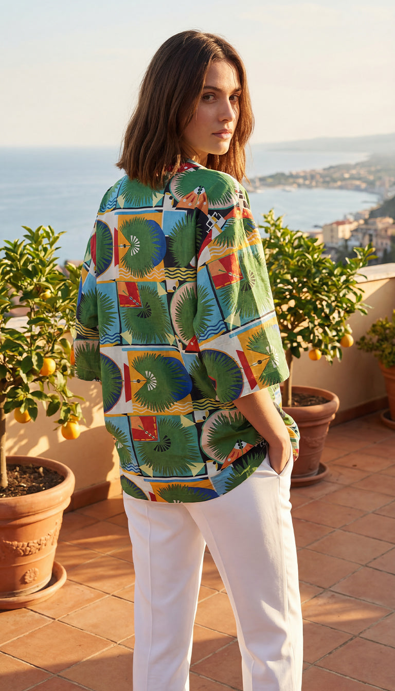 Palm Mosaic Wrap Dress for Women – Tropical Print V-Neck Boho Resort Dress
