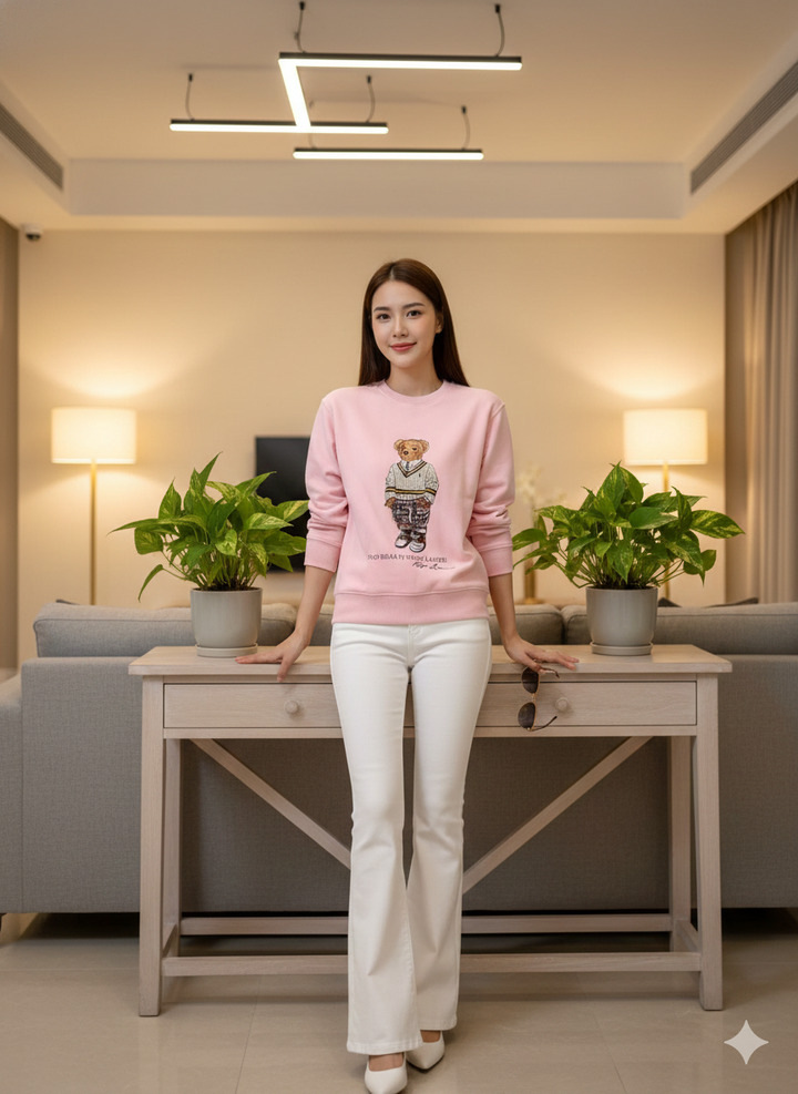 Ralph Lauren Polo Bear Pink Fleece Sweatshirt for Women | Luxury Casual Crewneck