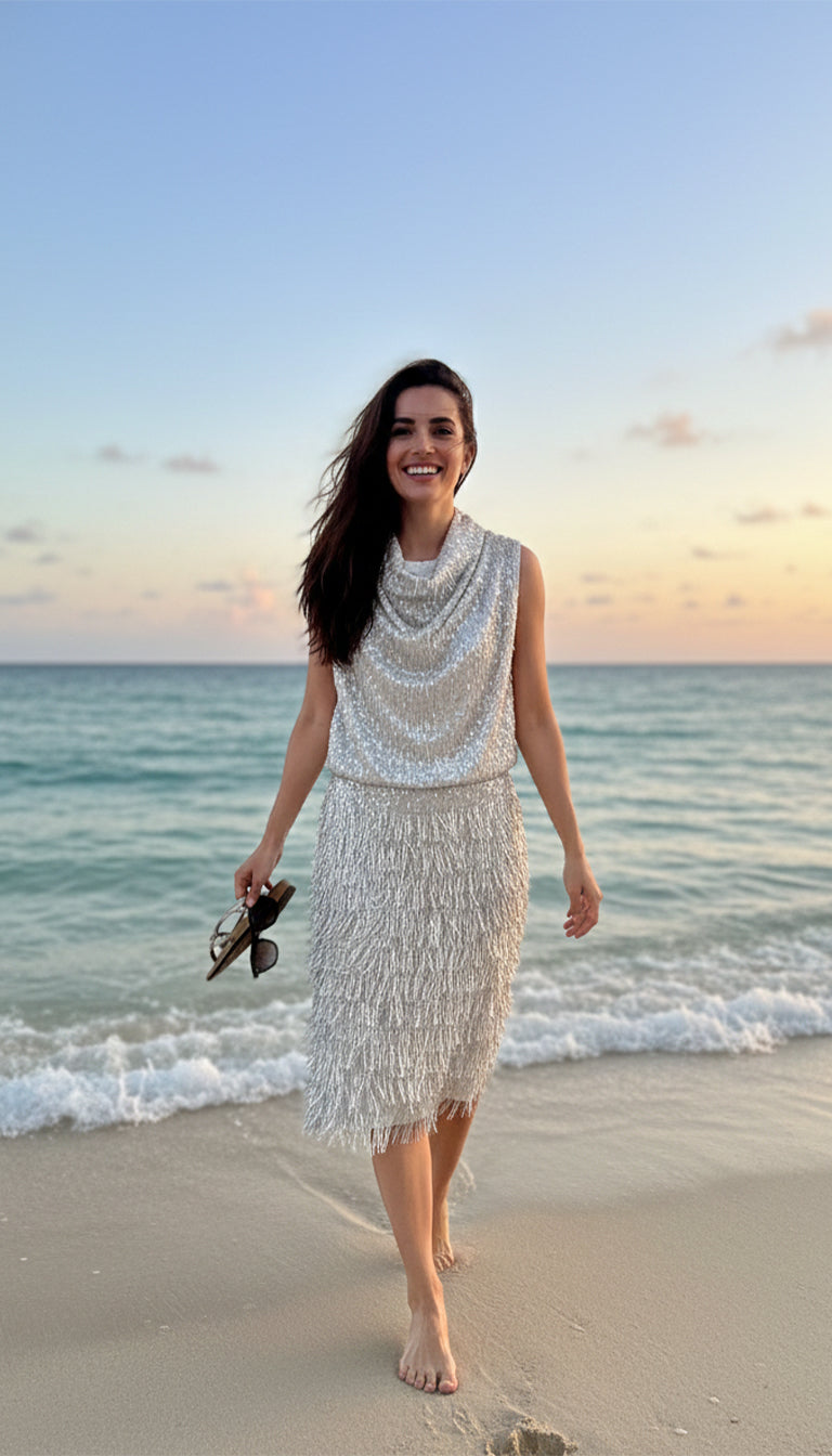 Silver Sequin Fringe Midi Skirt for Women | Party & Evening Wear Skirt