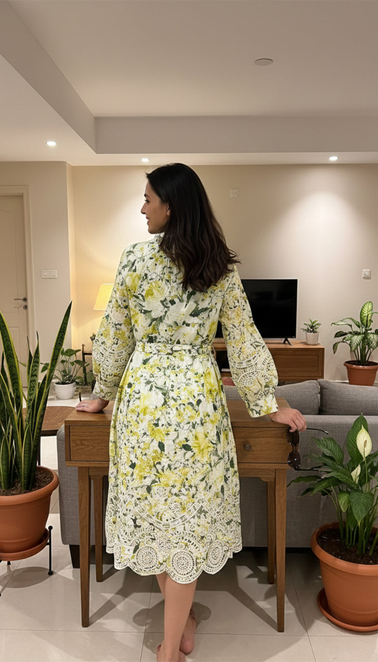 Teri Jon Cotton Print Eyelet Trim Dress