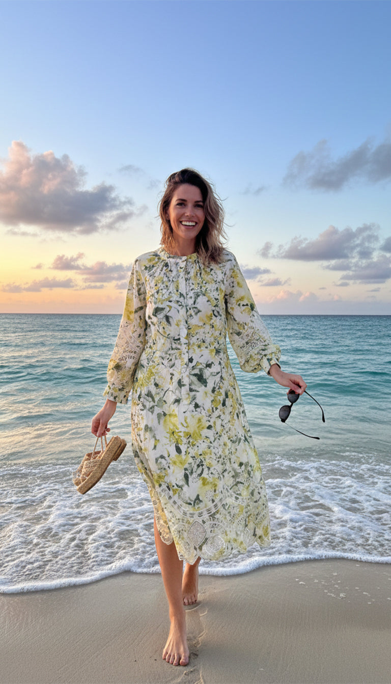 Teri Jon Cotton Print Eyelet Trim Dress