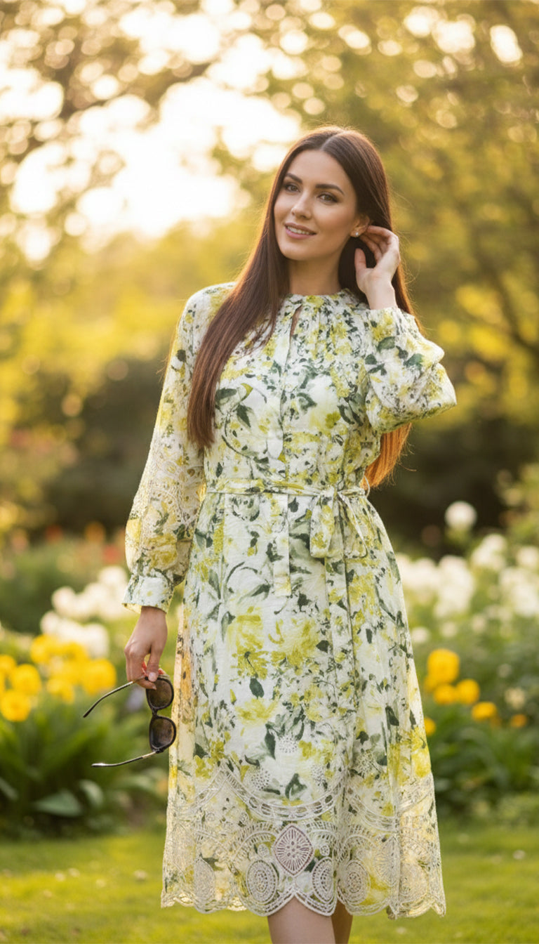 Teri Jon Cotton Print Eyelet Trim Dress