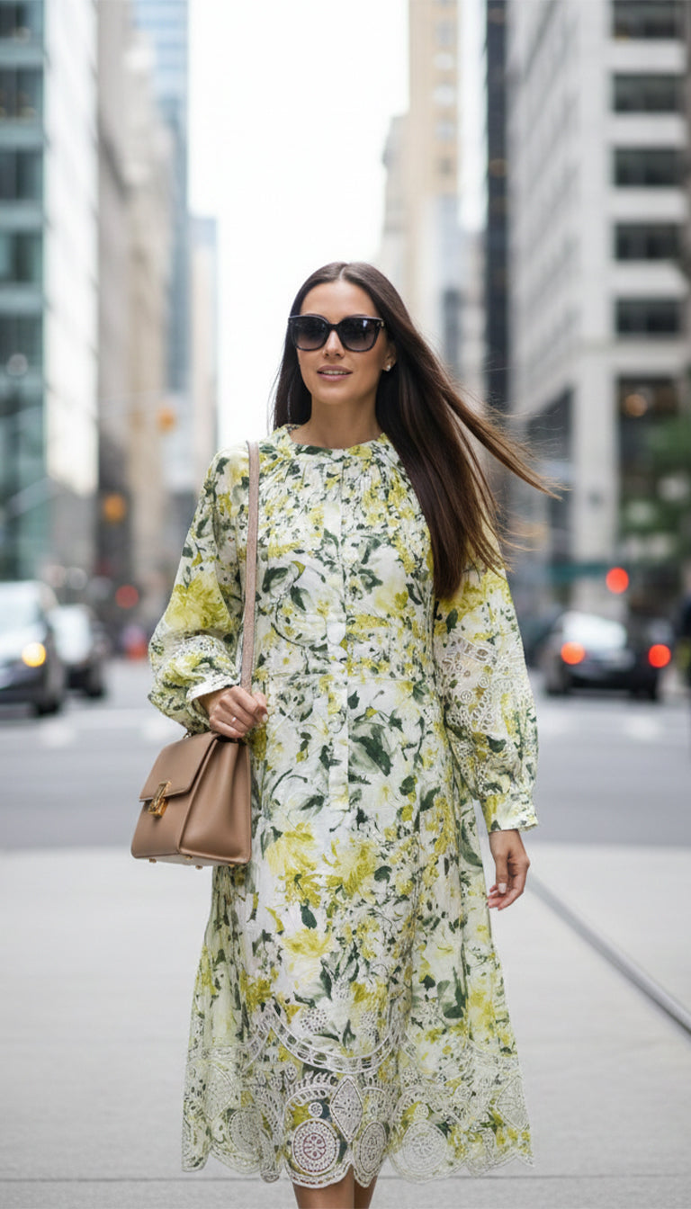 Teri Jon Cotton Print Eyelet Trim Dress