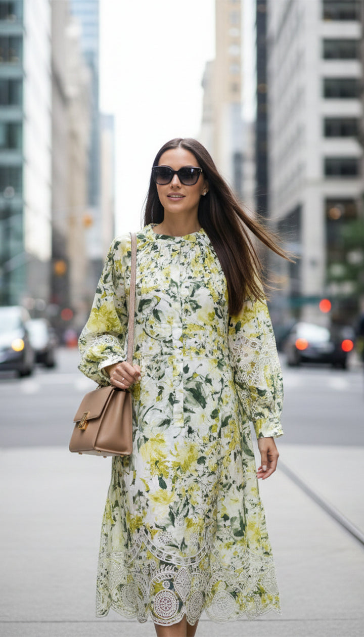 Teri Jon Cotton Print Eyelet Trim Dress