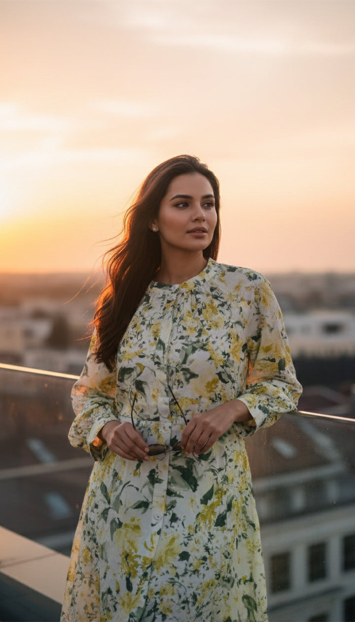 Teri Jon Cotton Print Eyelet Trim Dress