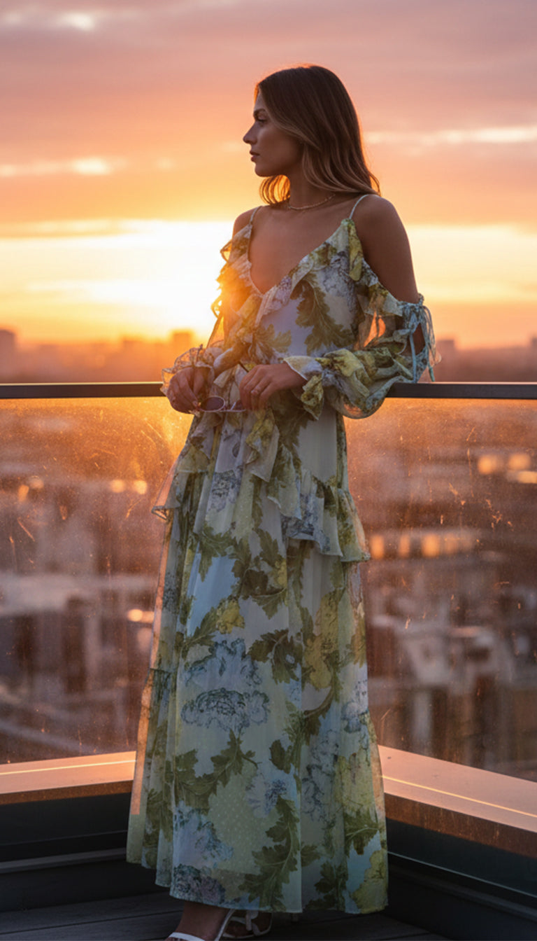 Asos Design ruffle off shoulder midi dress in green based blue floral