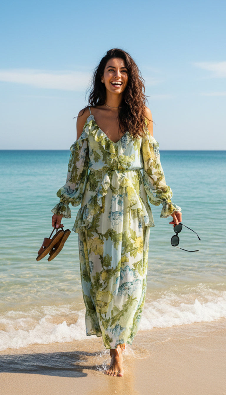 Asos Design ruffle off shoulder midi dress in green based blue floral