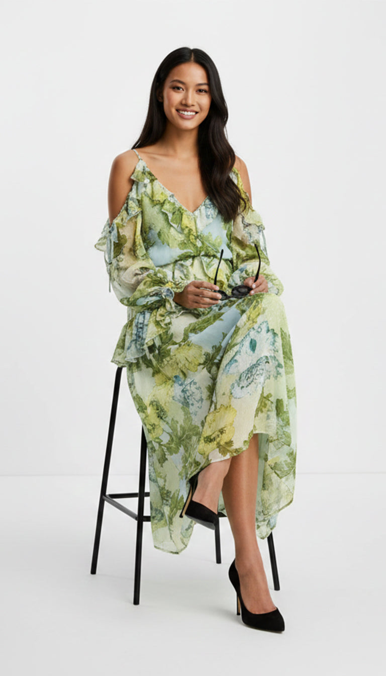 Asos Design ruffle off shoulder midi dress in green based blue floral