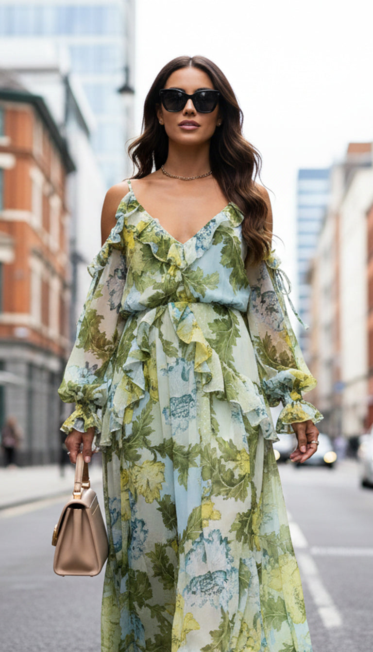 Asos Design ruffle off shoulder midi dress in green based blue floral