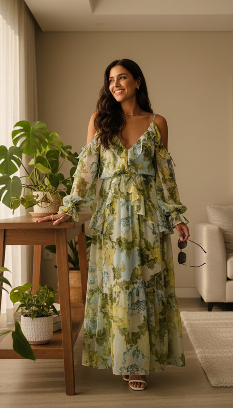 Asos Design ruffle off shoulder midi dress in green based blue floral