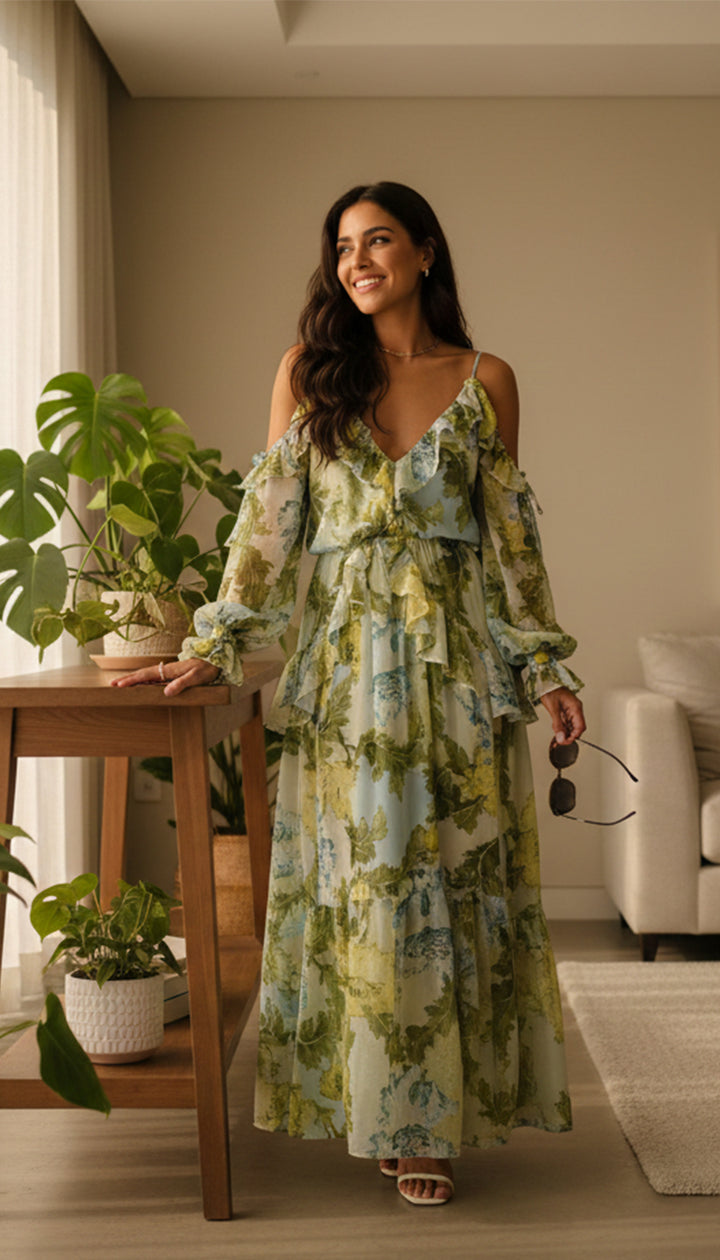 Asos Design ruffle off shoulder midi dress in green based blue floral