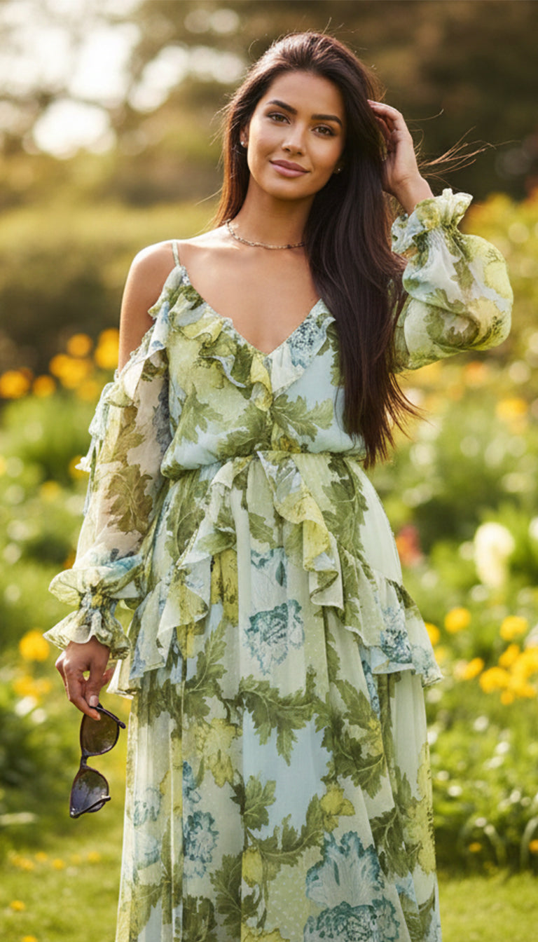 Asos Design ruffle off shoulder midi dress in green based blue floral