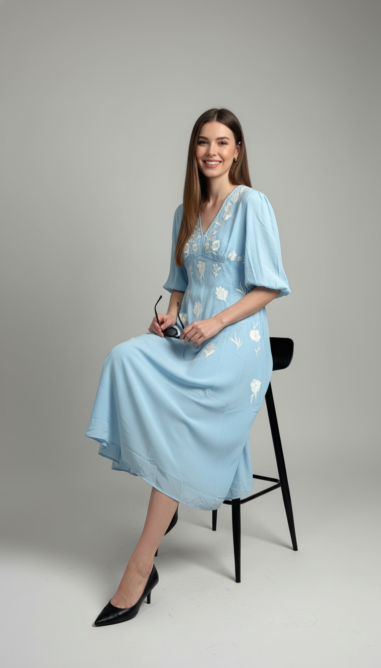 Wallis Petite Embroidered V-Neck Midi Dress