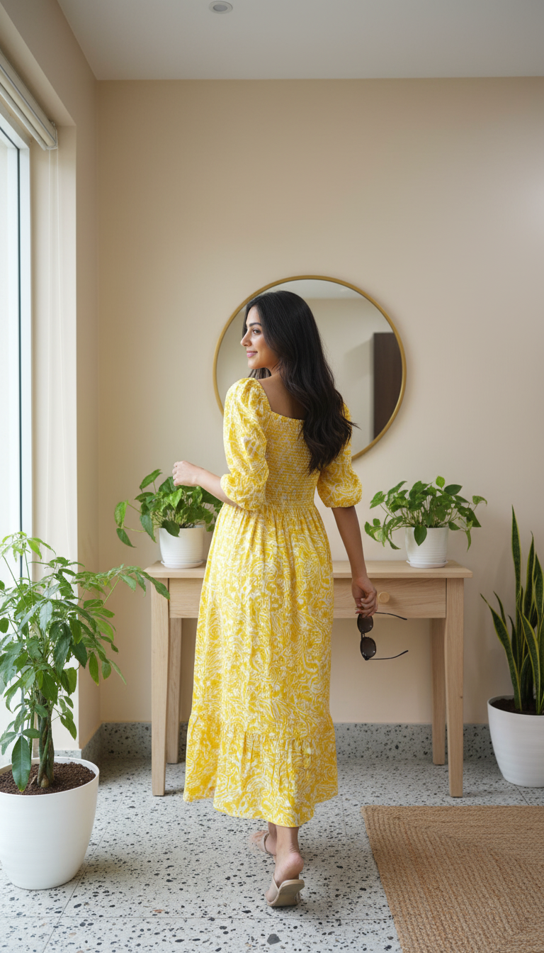 August Yellow Floral Smocked Midi Dress with Puff Sleeves – Elegant Summer Outfit for Women