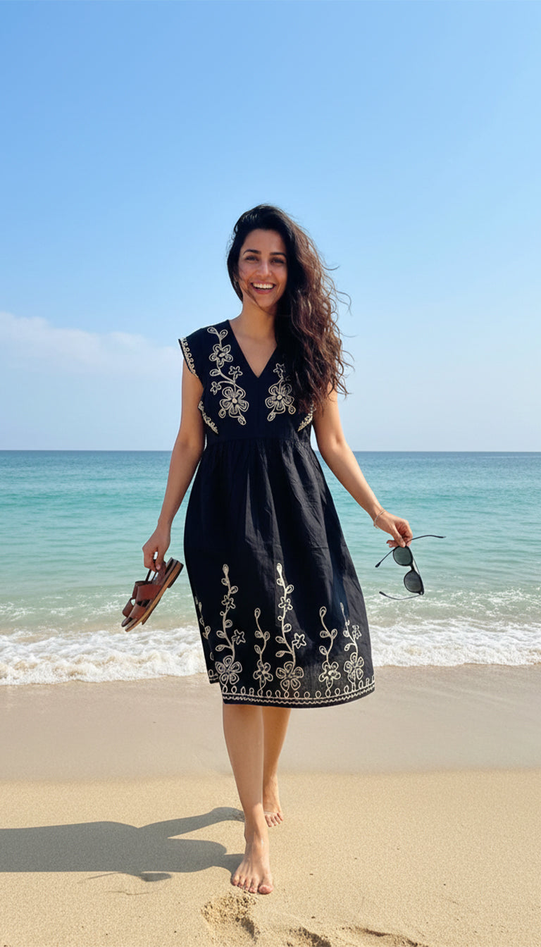 Zara Black Embroidered Sleeveless Midi Dress for Women – Boho Floral Detailing, Summer Casual Wear