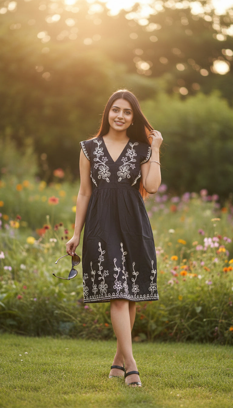 Zara Black Embroidered Sleeveless Midi Dress for Women – Boho Floral Detailing, Summer Casual Wear