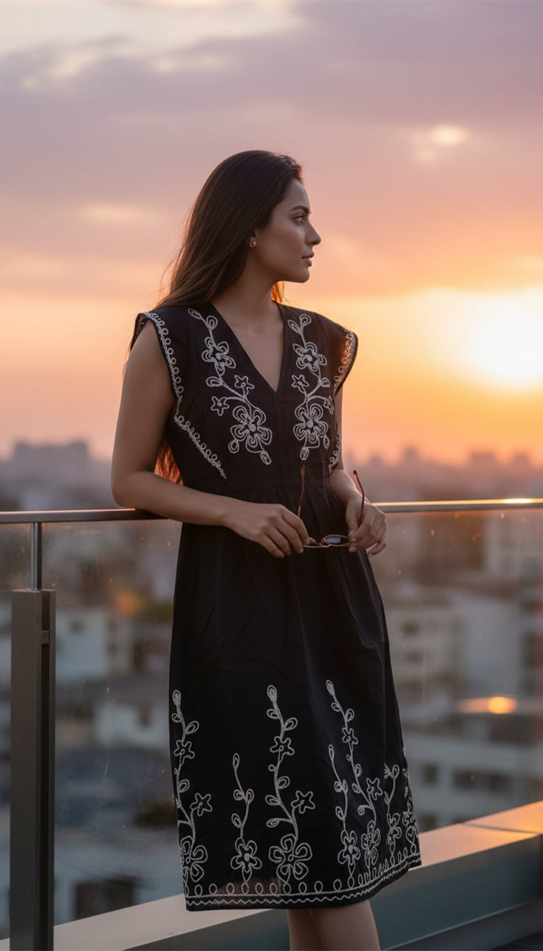 Zara Black Embroidered Sleeveless Midi Dress for Women – Boho Floral Detailing, Summer Casual Wear