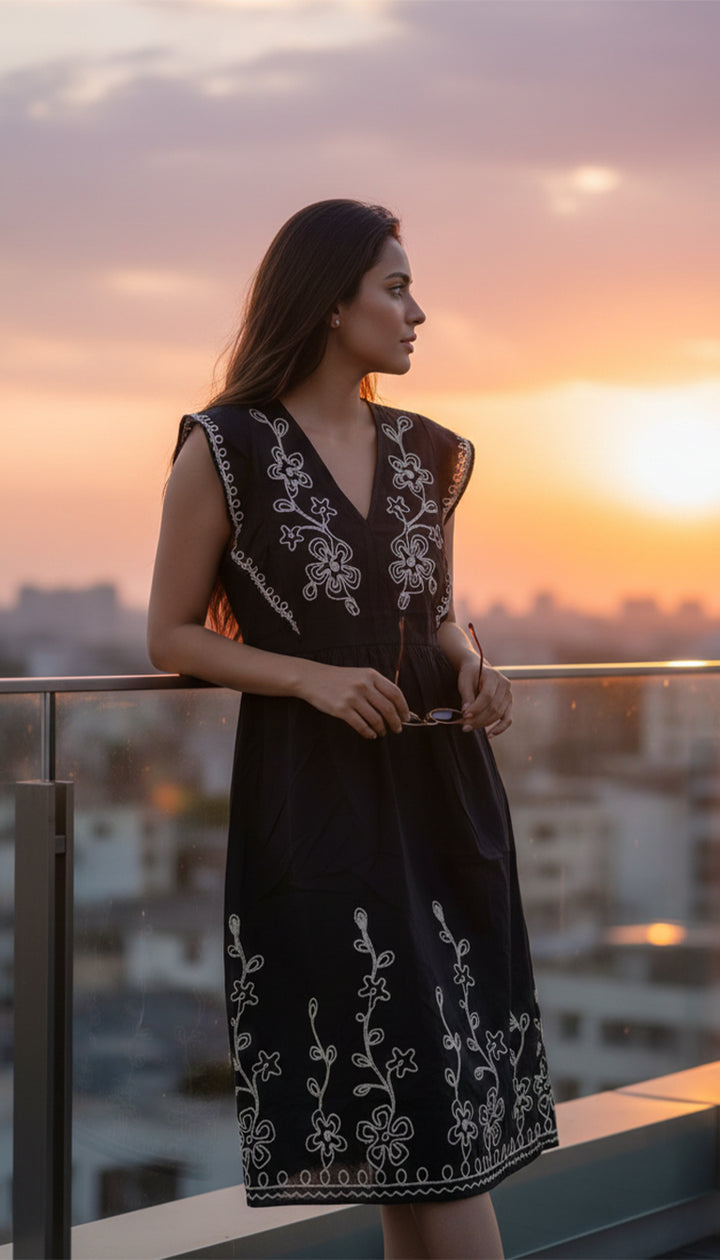 Zara Black Embroidered Sleeveless Midi Dress for Women – Boho Floral Detailing, Summer Casual Wear