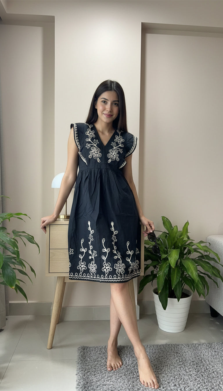 Zara Black Embroidered Sleeveless Midi Dress for Women – Boho Floral Detailing, Summer Casual Wear