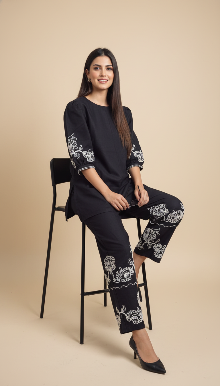 Zara Black Royale Embroidered Co-ord Set