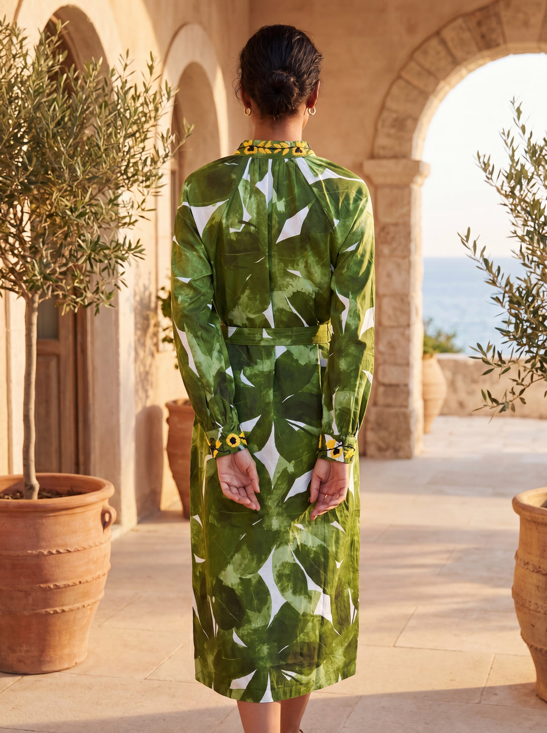 Zara Green Floral Embroidered Belted Shirt Midi Dress | Women's Long Sleeve Botanical Print Dress