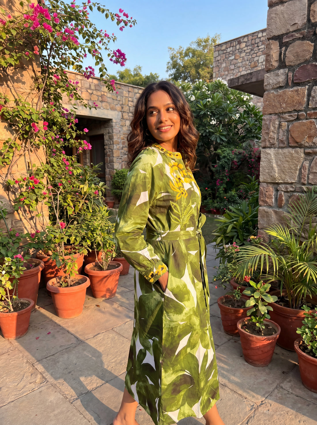 Zara Green Floral Embroidered Belted Shirt Midi Dress | Women's Long Sleeve Botanical Print Dress