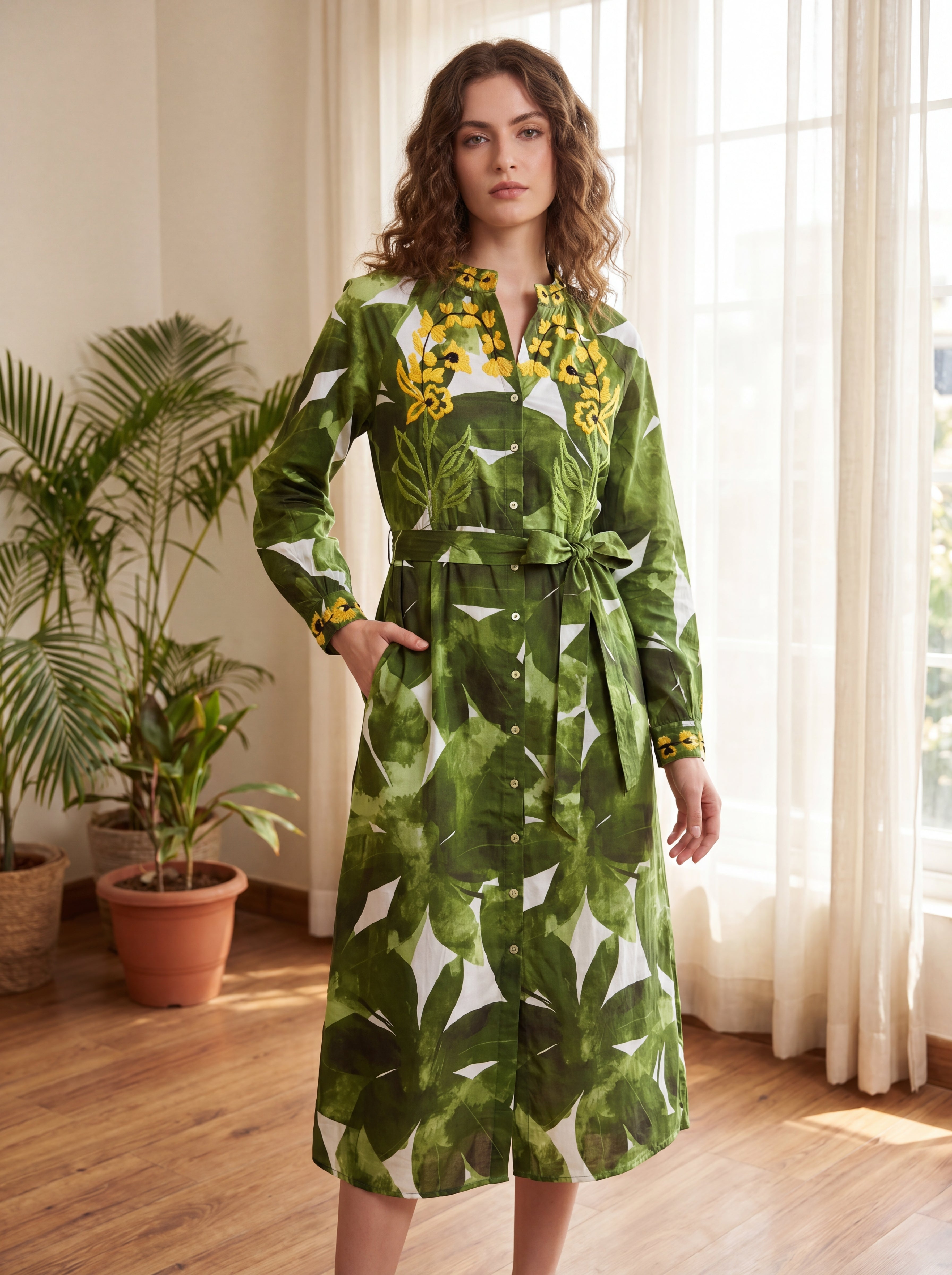 Zara Green Floral Embroidered Belted Shirt Midi Dress | Women's Long Sleeve Botanical Print Dress