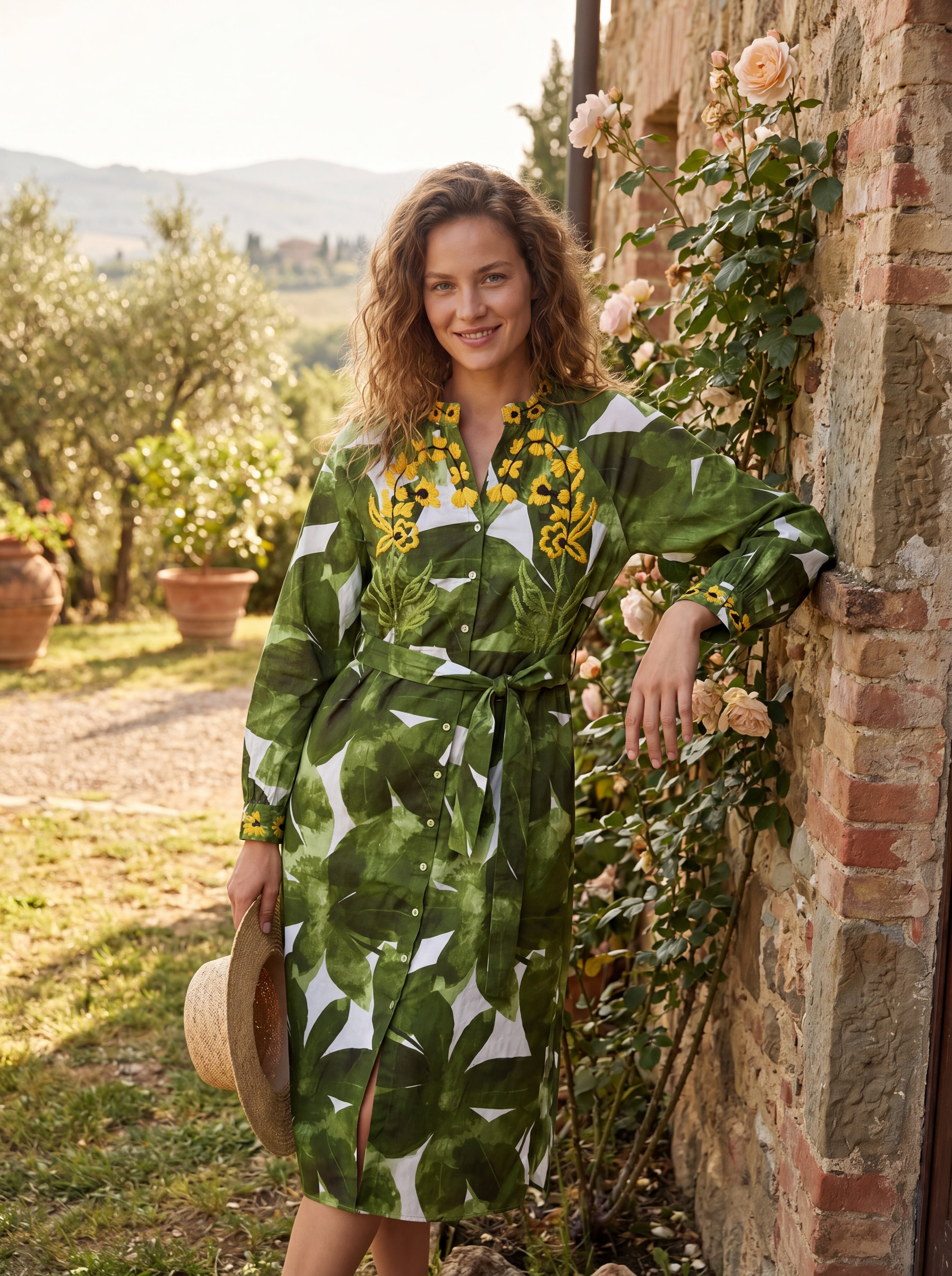 Zara Green Floral Embroidered Belted Shirt Midi Dress | Women's Long Sleeve Botanical Print Dress