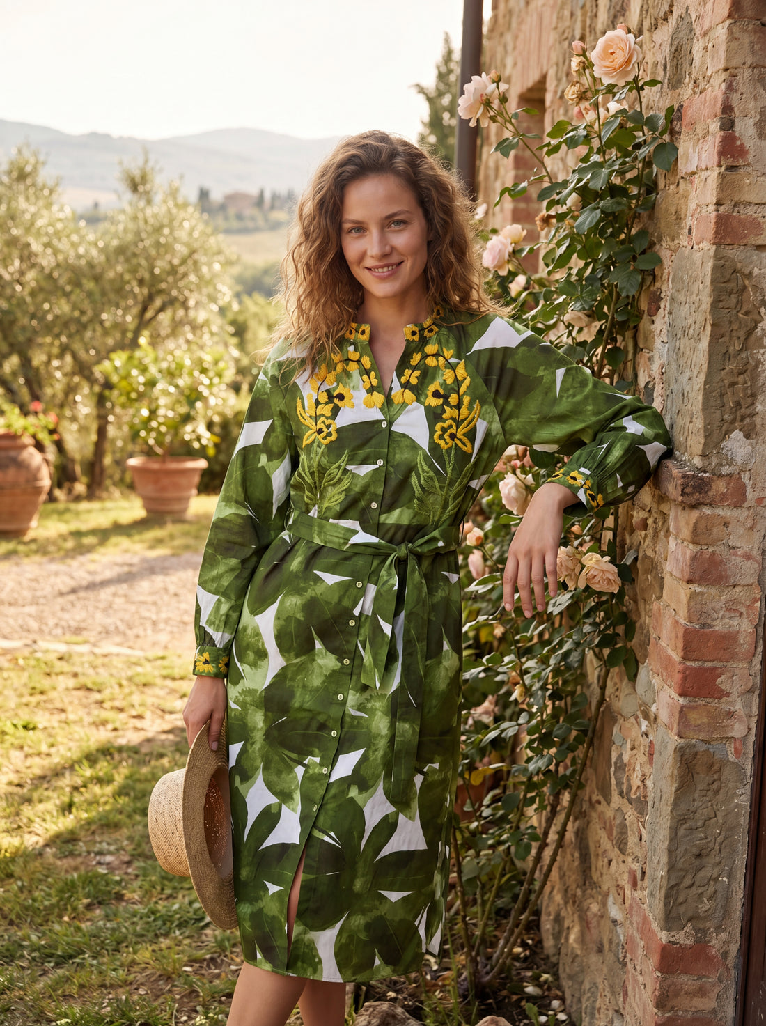 Zara Green Floral Embroidered Belted Shirt Midi Dress | Women's Long Sleeve Botanical Print Dress