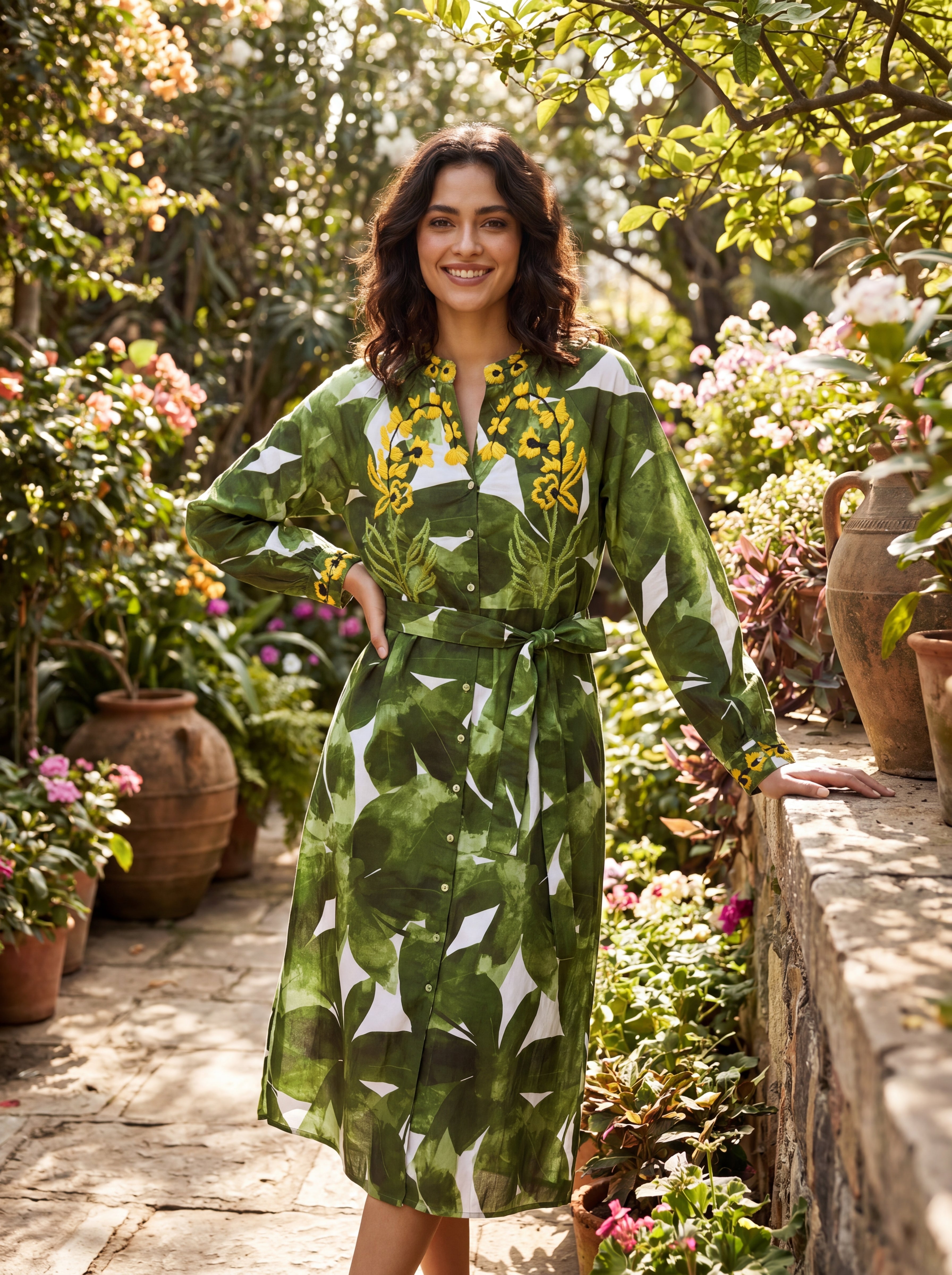 Zara Green Floral Embroidered Belted Shirt Midi Dress | Women's Long Sleeve Botanical Print Dress
