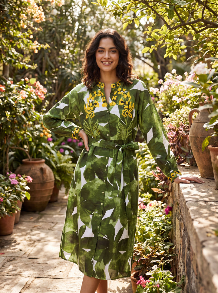 Zara Green Floral Embroidered Belted Shirt Midi Dress | Women's Long Sleeve Botanical Print Dress