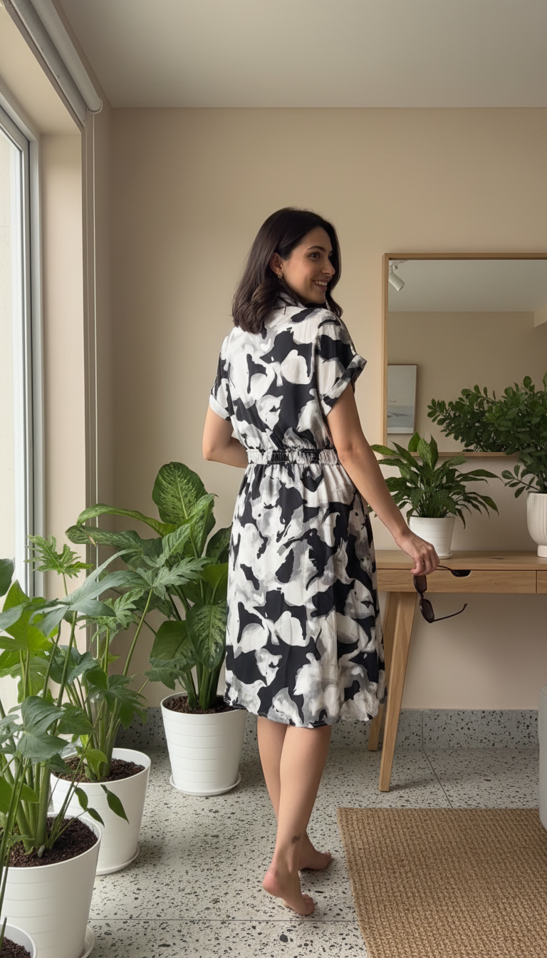 Zara Monochrome Cloud Print Shirt Dress – Abstract Black & White Buttoned Dress