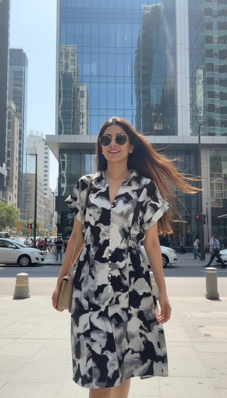 Zara Monochrome Cloud Print Shirt Dress – Abstract Black & White Buttoned Dress