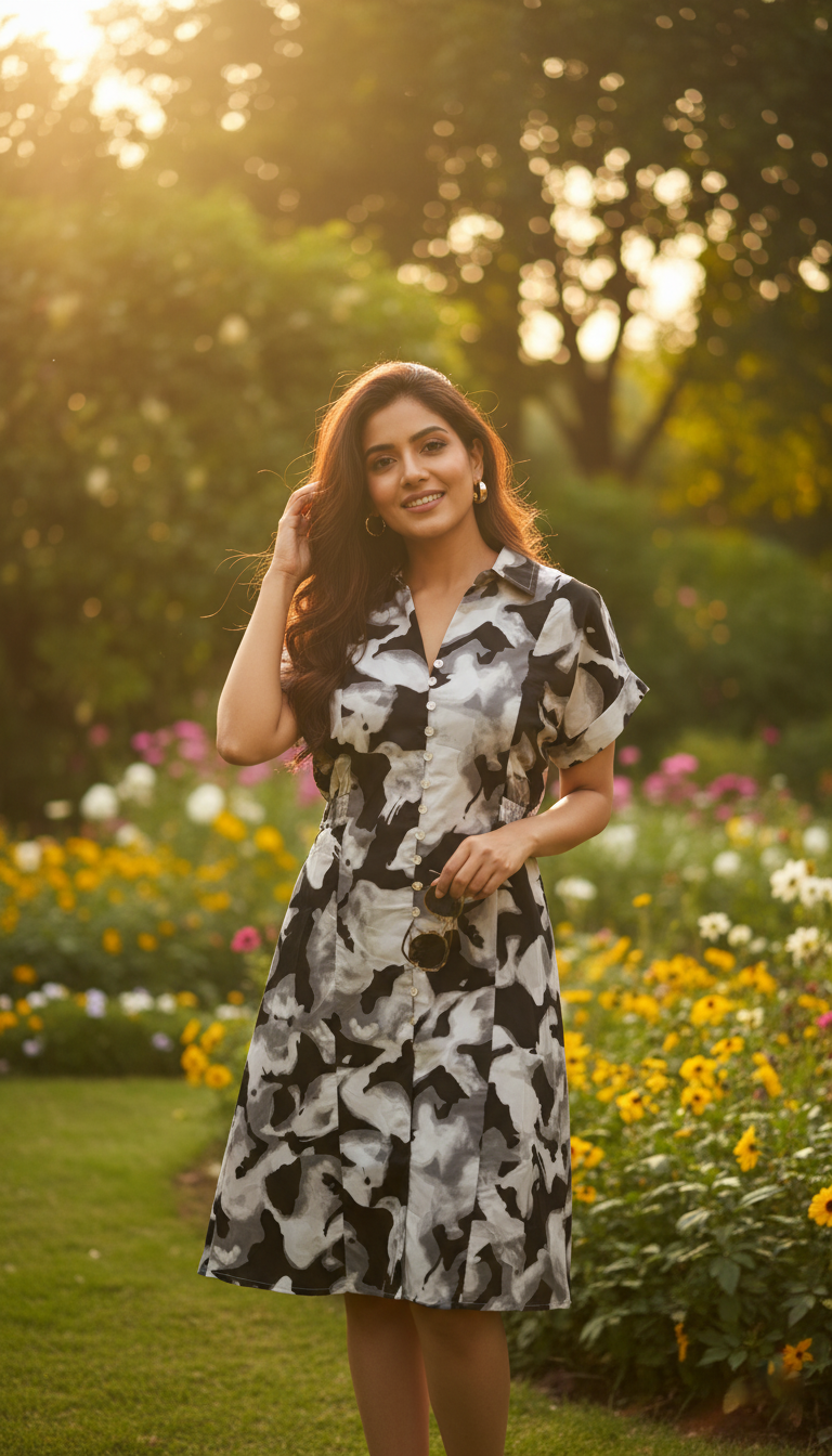 Zara Monochrome Cloud Print Shirt Dress – Abstract Black & White Buttoned Dress