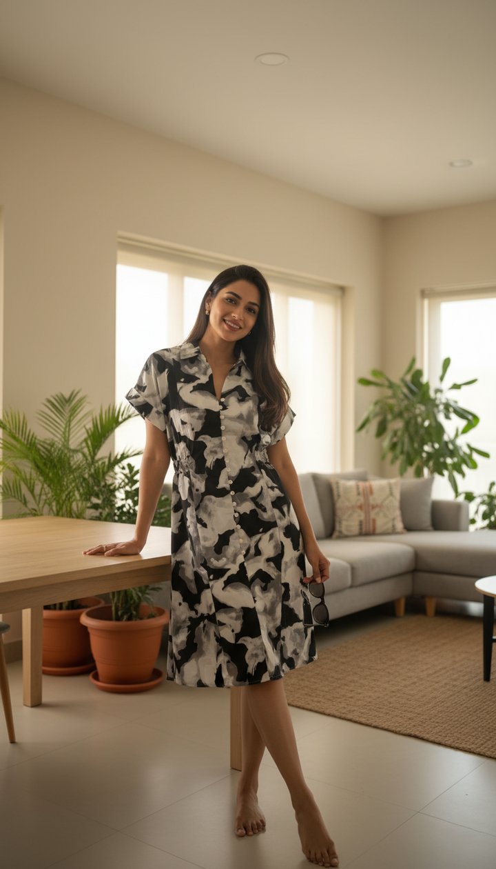 Zara Monochrome Cloud Print Shirt Dress – Abstract Black & White Buttoned Dress