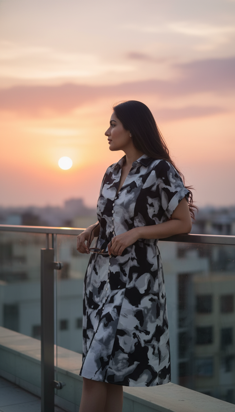 Zara Monochrome Cloud Print Shirt Dress – Abstract Black & White Buttoned Dress