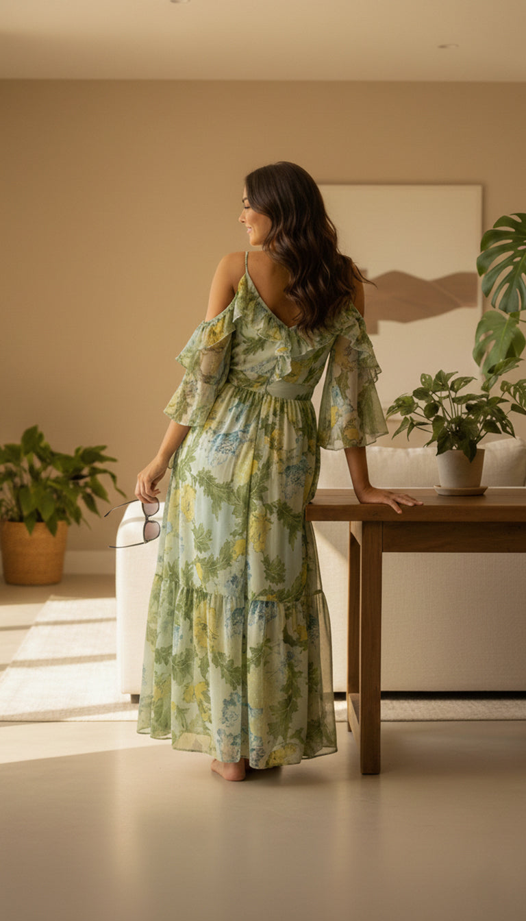 Asos Design ruffle off shoulder midi dress in green based blue floral